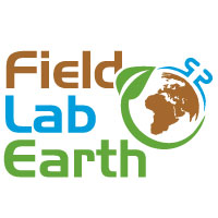 Field, Lab, Earth podcast logo, with features the podcast title and a globe with a leaf and a test tube surrounding the globe.