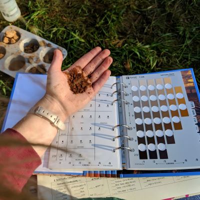 a soil classification book and hand with soil