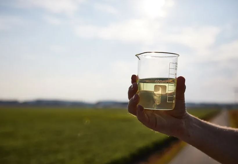 hand holding beaker full of biofuel