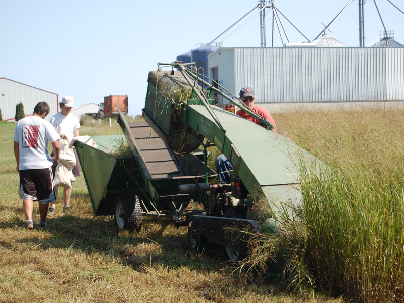 Switchgrass harvester with people around it