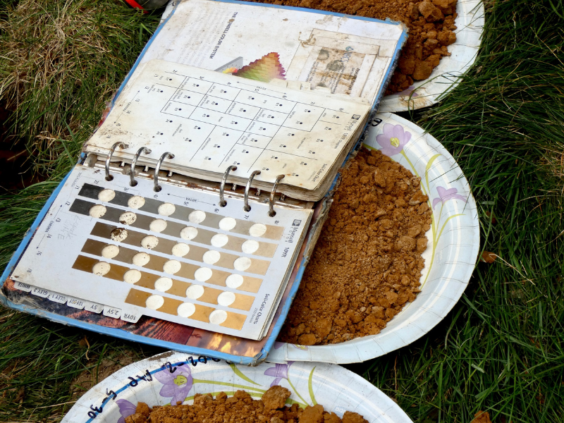 soil samples on three paper plates and soil color chart