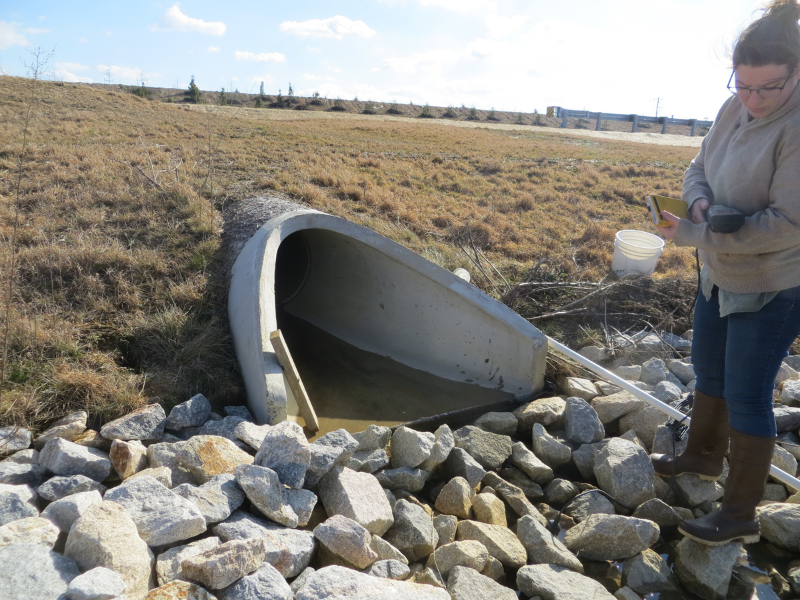 female scientist using equipment next to stormwater drain on side of road