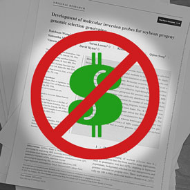 A crossed out money sign graphic over a scientific paper.