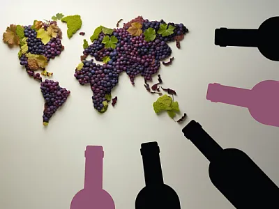 Graphic showing a stylized map of the world rendered in grapes